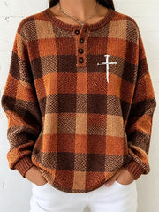 Women's Christian Art Plaid Cross Sweater