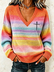 Women's Christian Art Striped Cross Sweater