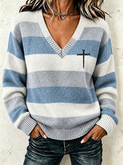Women's Christian Art Striped Cross Sweater