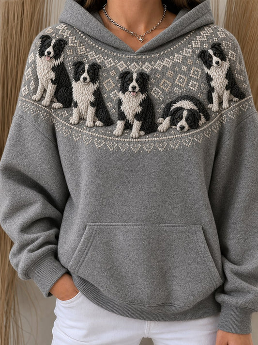 Women's Vintage Border Collie Dogs Yoke Isle Print Cozy Oversize Hoodie