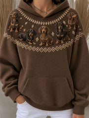Women's Vintage Dachshund Dogs Yoke Isle Print Cozy Oversize Hoodie