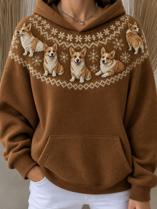 Women's Vintage Corgi Dogs Yoke Isle Print Cozy Oversize Hoodie