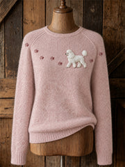 Women's Lovely Poodle Dog Walking & Paw Prints Yoke Print crew neck sweater