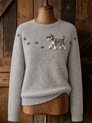 Women's Lovely Schnauzer Dog Walking & Paw Prints Yoke Print crew neck sweater