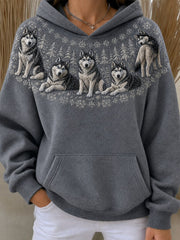 Women's Vintage Husky Dogs Yoke Isle Print Cozy Oversize Hoodie