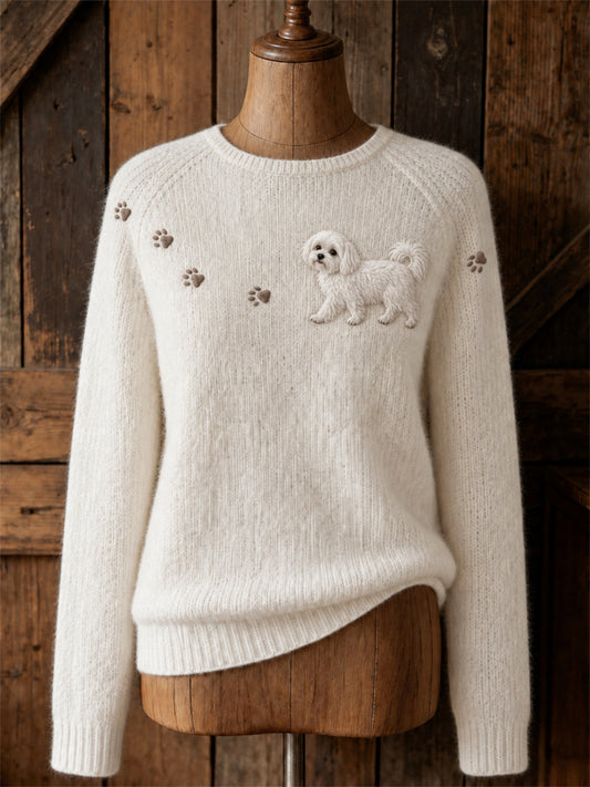 Women's Lovely Maltese Dog Walking & Paw Prints Yoke Print crew neck sweater