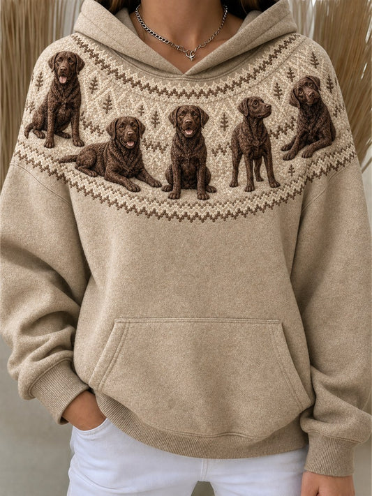 Women's Vintage Labrador Dogs Yoke Isle Pattern Print Oversize Hoodies