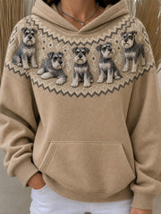 Women's Vintage Schnauzer Yoke Isle Pattern Print Oversize Hoodies