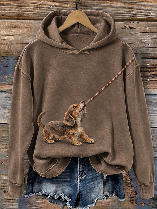 Women's Funny Dachshund Dog with Rope Print Cozy Hoodie