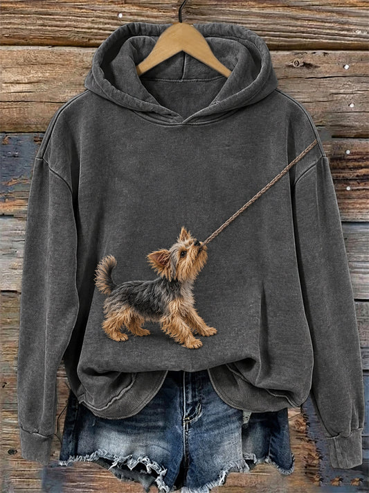 Women's Funny Yorkie Dog with Rope Print Cozy Hoodie