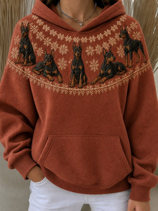 Women's Vintage Doberman Pinscher Dogs Yoke Isle Pattern Print Oversize Hoodies