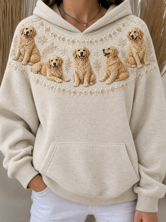 Women's Vintage Golden Retriever Dogs Yoke Isle Pattern Print Oversize Hoodies