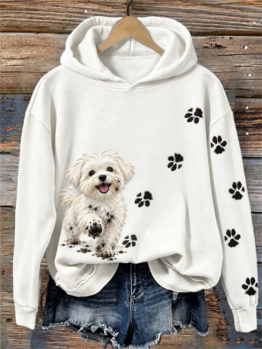 Women's Funny Dirty Maltese Dog & Paw Prints Print Cozy Hoodie