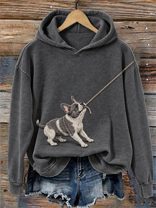Women's Funny French Bulldog with Rope Print Cozy Hoodie