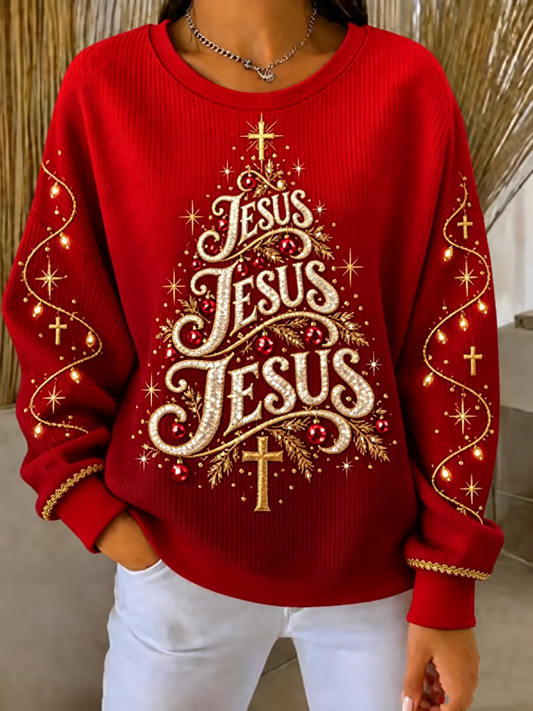 Women's Jesus Christmas Tree Printed Ribbed Round-Neck Sweatshirt