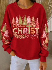 Women's Merry Christ Mas Ribbed Round-Neck Sweatshirt