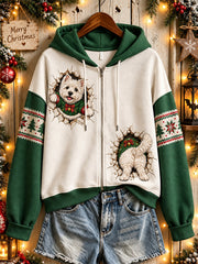 Women's Christmas Dog Pattern Casual Zip-Up Hoodie