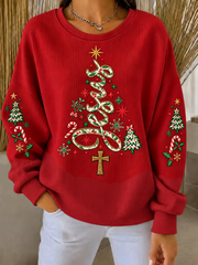 Women's Jesus Christmas Tree Printed Ribbed Round-Neck Sweatshirt