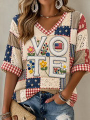Women's VOTE Mid-length Sleeves V-Neck T-Shirt