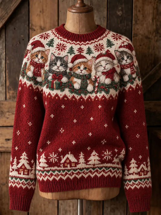 Women's Christmas Hat Cat Print Sweater