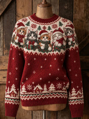 Women's Christmas Hat Cat Print Sweater