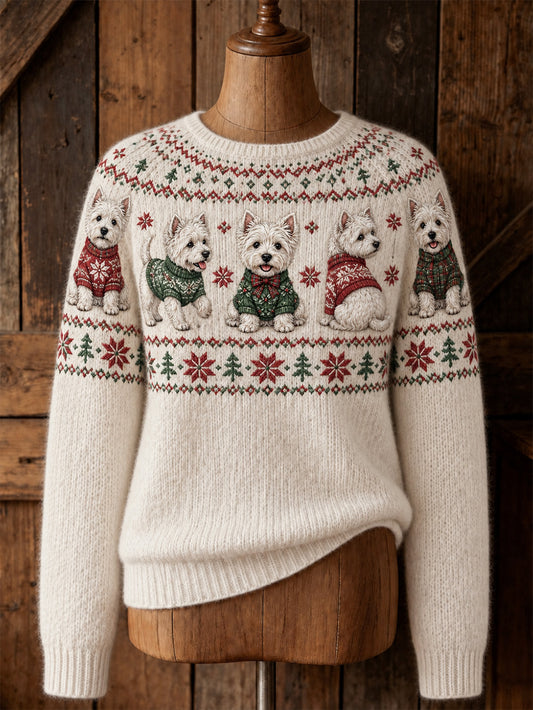 Women's Christmas West Highland  Pattern Casual crew neck sweater