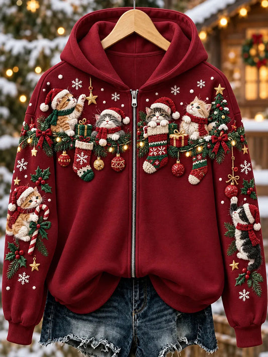 Women's Christmas Cat Print Zip-Up Hoodie