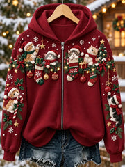 Women's Christmas Cat Print Zip-Up Hoodie