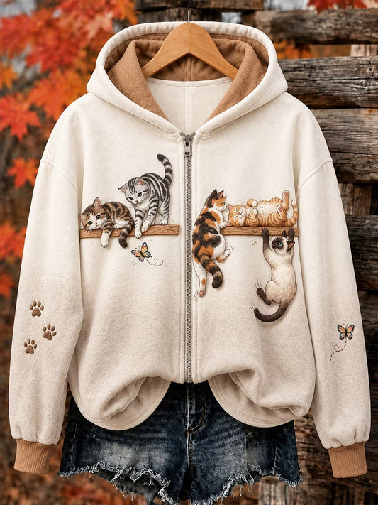 Women's Cute Cat Art Print  Zip-Up Hoodie