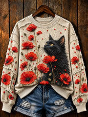 Women's Cute Cat Art Print Crew Neck Regular Sweatshirt