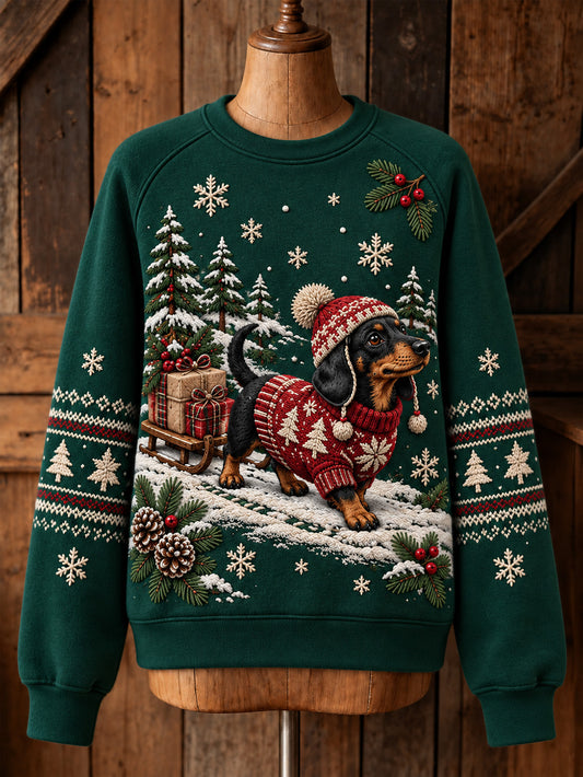 Women's Christmas Dachshund Pattern Casual Raglan Sleeve Sweatshirt