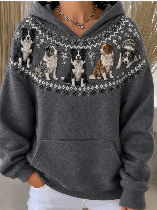 Women's Vintage Border Collie Dogs Yoke Isle Pattern Print Cozy Oversize Hoodies