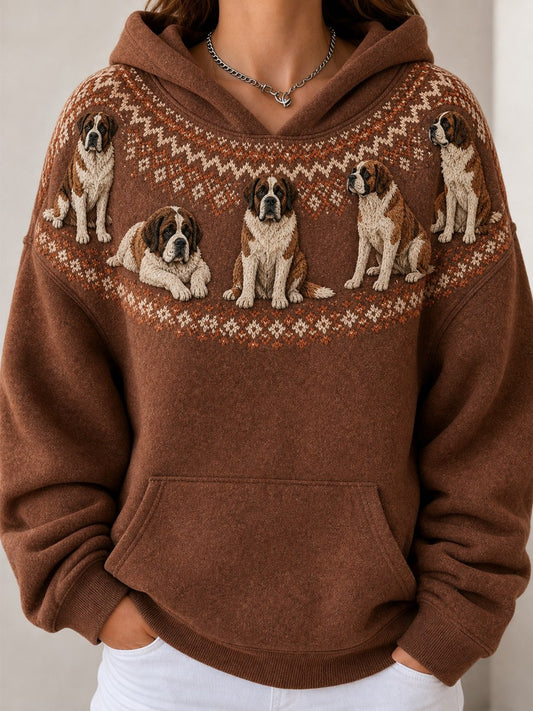 Women's Vintage Saint Bernard Dogs Yoke Isle Pattern Print Cozy Oversize Hoodies