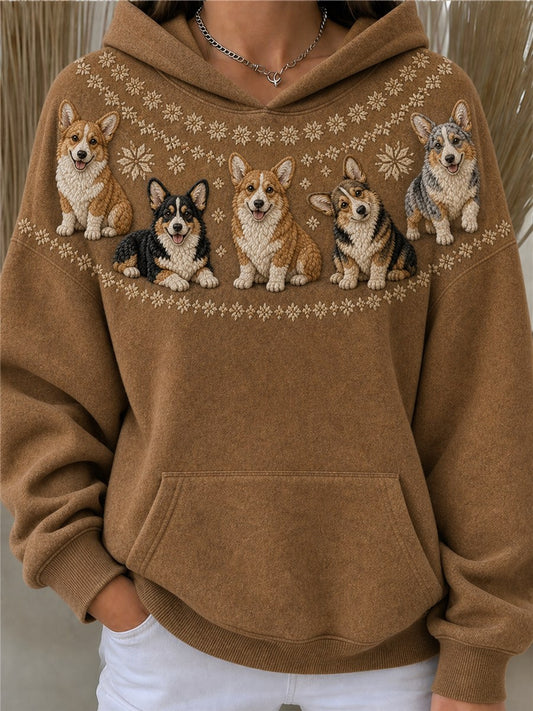 Women's Vintage Corgi Dogs Yoke Isle Pattern Print Cozy Oversize Hoodies