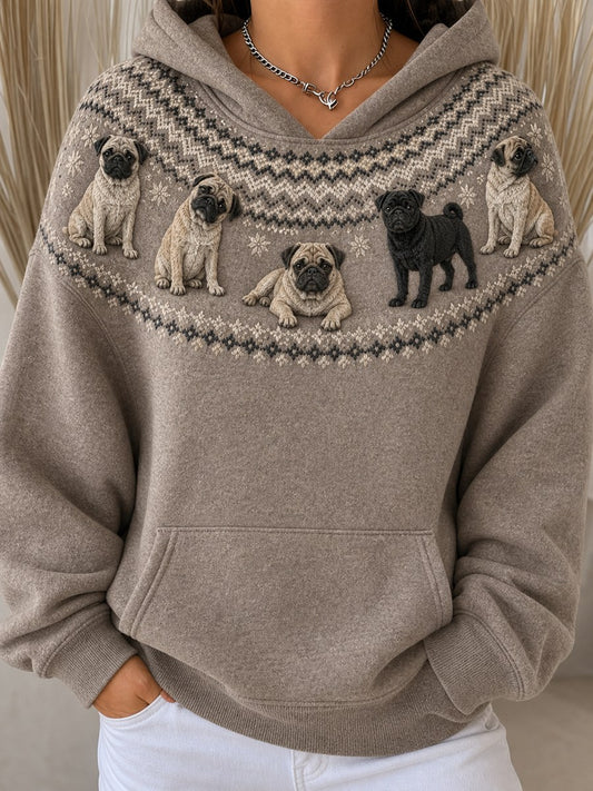 Women's Vintage Pug Dogs Yoke Isle Pattern Print Cozy Oversize Hoodies