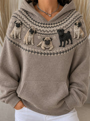 Women's Vintage Pug Dogs Yoke Isle Pattern Print Cozy Oversize Hoodies