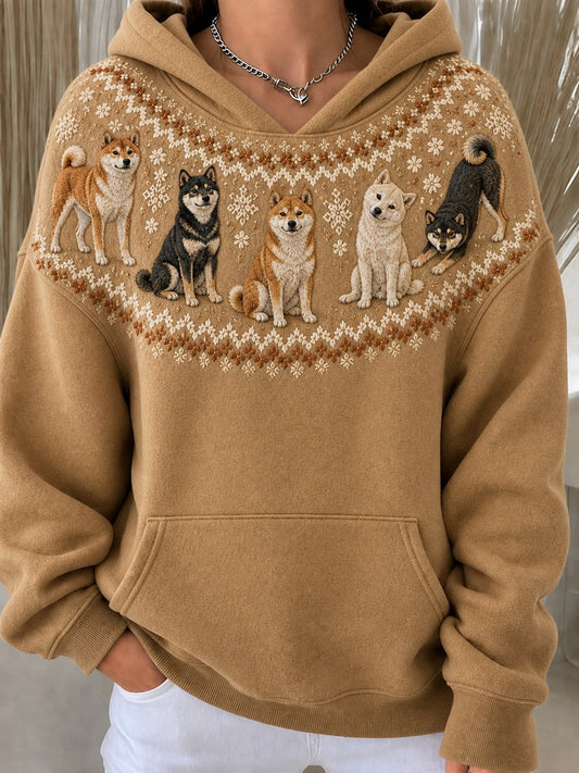 Women's Vintage Shiba Inu Dogs Yoke Isle Pattern Print Cozy Oversize Hoodies