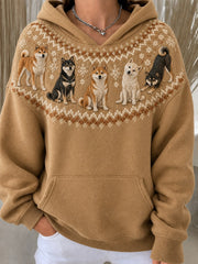 Women's Vintage Shiba Inu Dogs Yoke Isle Pattern Print Cozy Oversize Hoodies