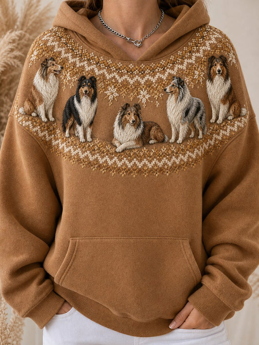 Women's Vintage Collie Dogs Yoke Isle Pattern Print Cozy Oversize Hoodies