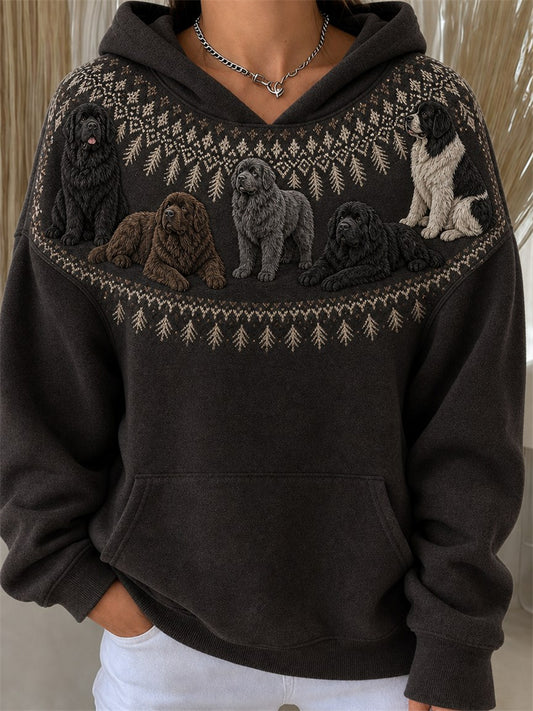 Women's Vintage Newfoundland Dogs Yoke Isle Print Cozy Hoodie