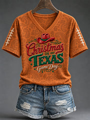 Women's Football Game Day Christmas Fun Print T-Shirt
