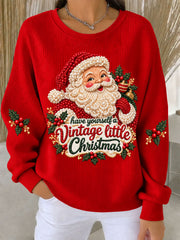 Women's Christmas Santa Claus Ribbed Round-Neck Sweatshirt