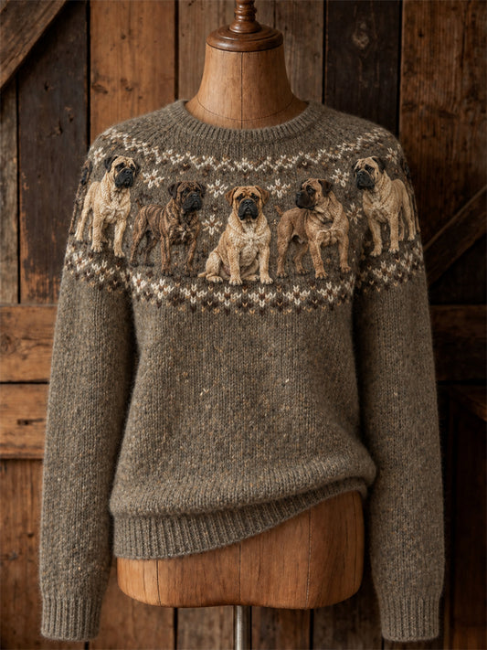 Women's Vintage Mastiff Dogs Yoke Isle Print crew neck sweater