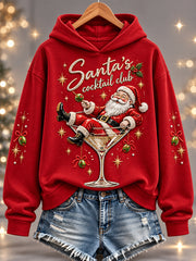 Women's Funny Christmas Santa's Cocktail Club Print Casual Hoodie