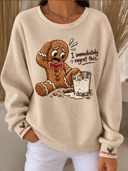 Women's Fun gingerbread man print Ribbed Round-Neck Sweatshirt
