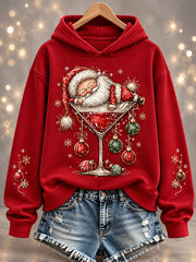 Women's Christmas Santa Claus Wine Glass Print Casual Hoodie