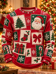 Men's Christmas Patchwork Art Waffle Long Sleeve T-Shirt