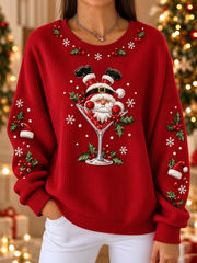Women's Fun Santa Claus print Ribbed Round-Neck Sweatshirt