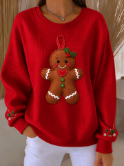 Women's Fun gingerbread man print Ribbed Round-Neck Sweatshirt