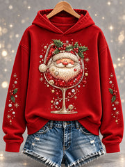Women's Christmas Santa Claus Red Wine Glass Print Casual Hoodie